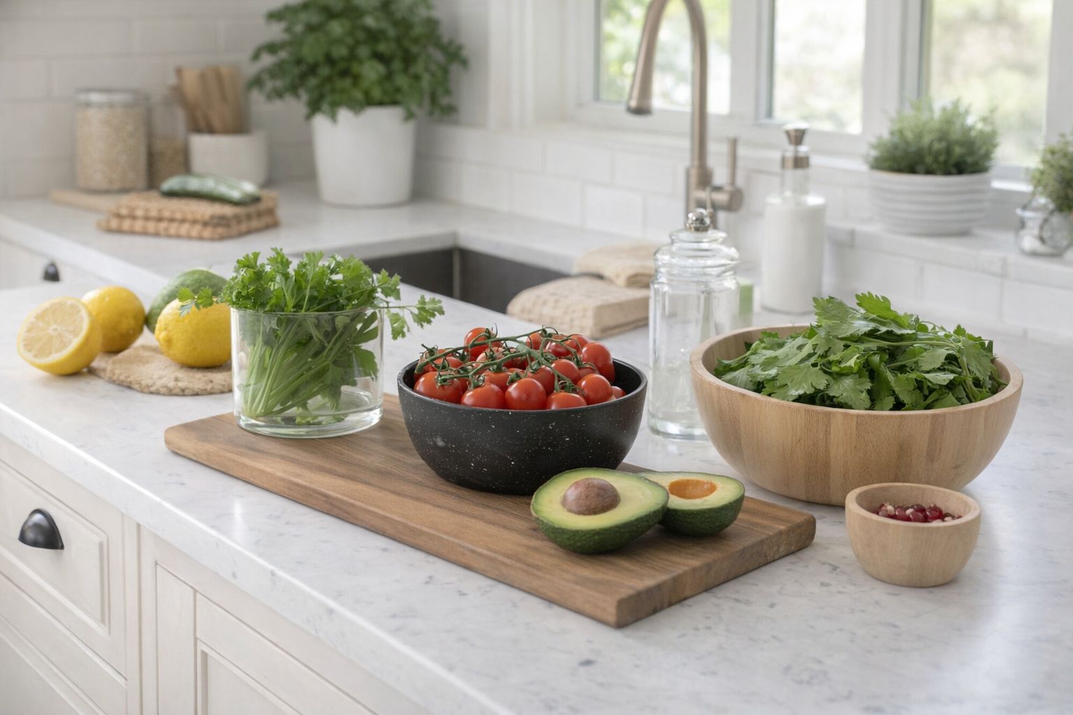 Friske råvarer som tomater, avocado og krydderurter på et køkkenbord.